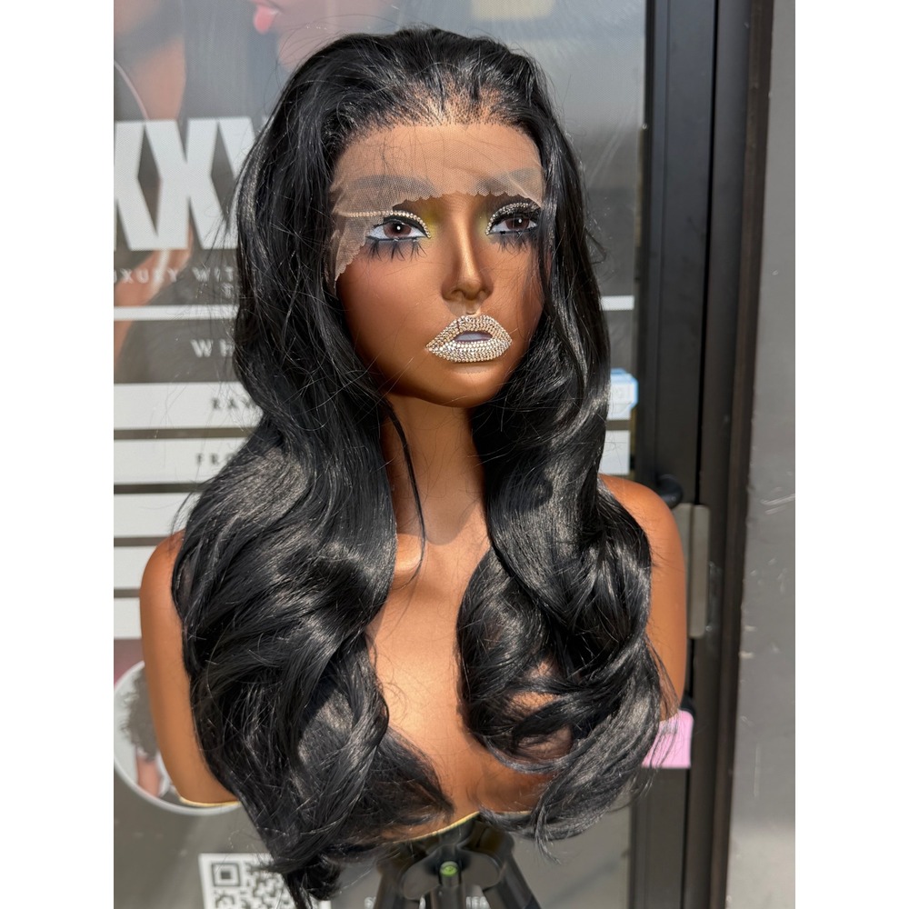 16" Jet Black Layered Human Blend Synthetic Hair 13*6 Transparent Lace Front Wig - Picture 2 of 6
